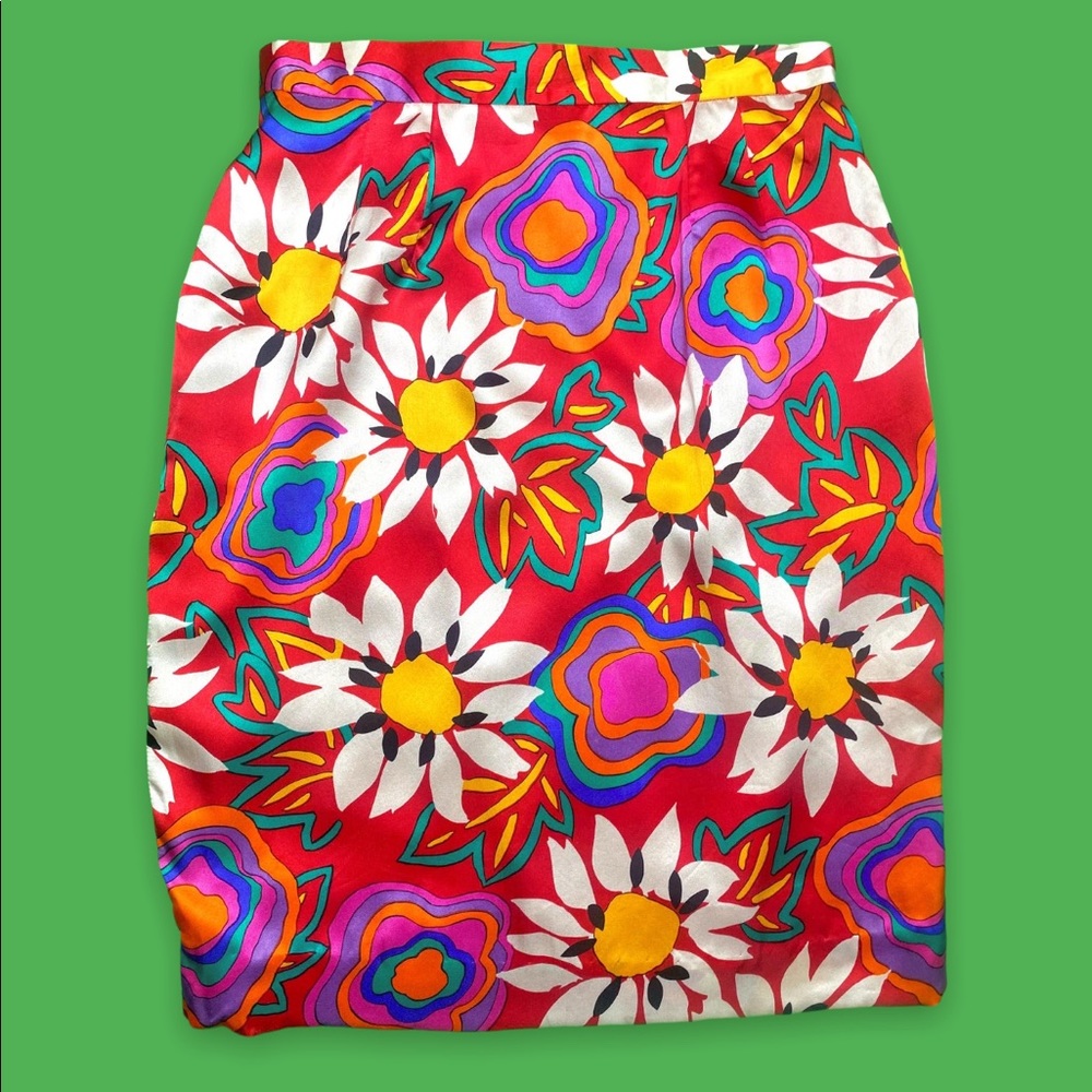 Vintage 80s colorful vibrant floral print silk skirt size 6